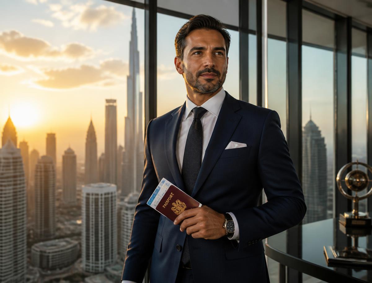 Profesional internacional con su pasaporte en una oficina corporativa