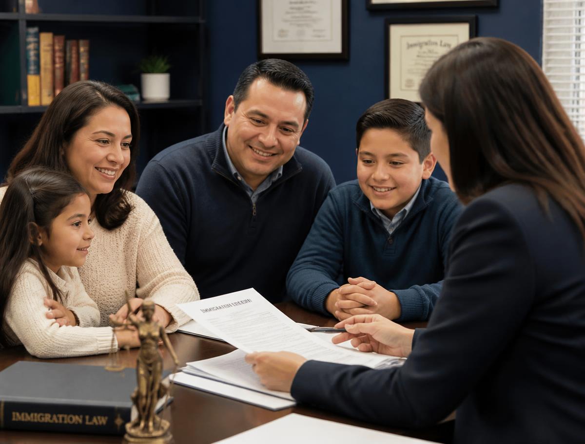 Familia revisando su petición familiar de inmigración con su abogada